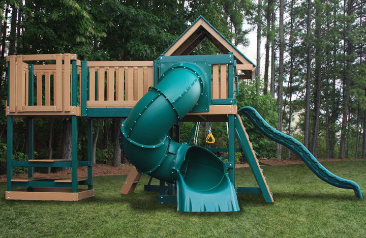 Congo Monkey Play Set Package #5 Green and Cedar - shown with optional wood roof and Turbo Slide