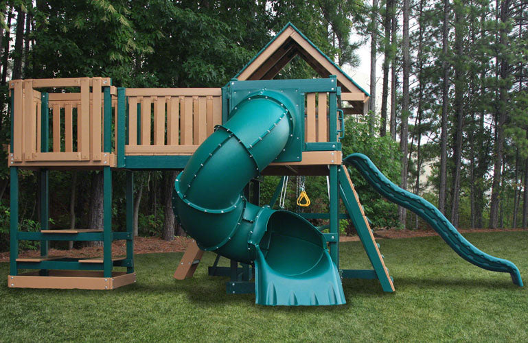 Congo Monkey Play Set Package #5 Green and Cedar - shown with optional wood roof and Turbo Slide