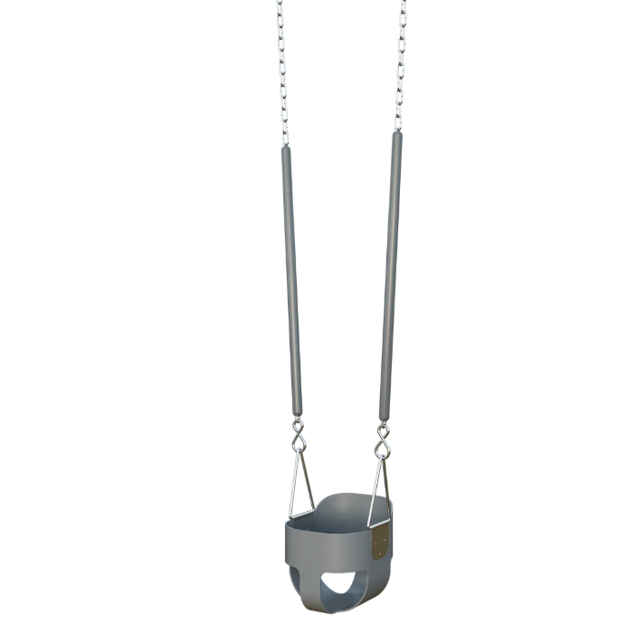 Grey bucket toddler swing with safety chains 