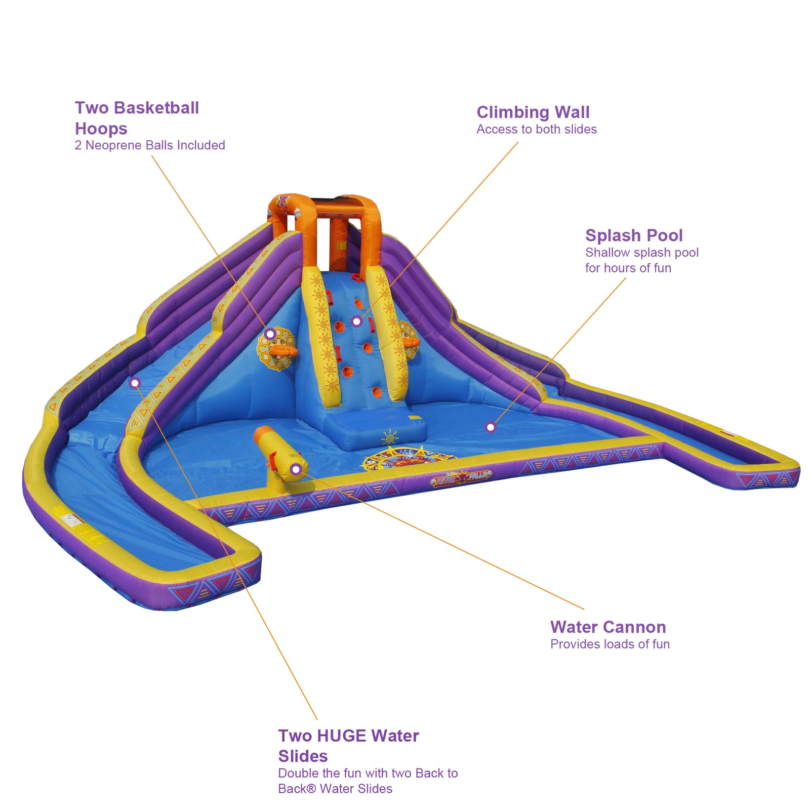 Basketball Hoops, HUGE Water Slides, Water Cannon, Splash Pool, Climbing Wall
