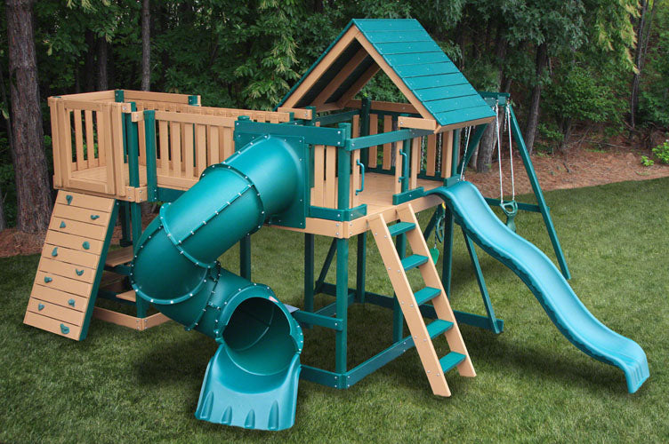 Congo Monkey Play Set Package #5 Green and Cedar - shown with optional Turbo Slide, wood roof and Back-To-Back Glider 