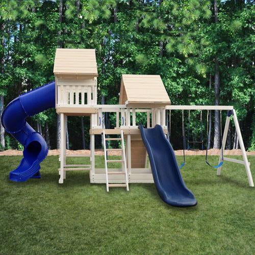 Monkey Play Set Package #3 White and Sand With Optional Wood Roof & Rave Slide Upgrade. Also shows optional increased height of sandbox.