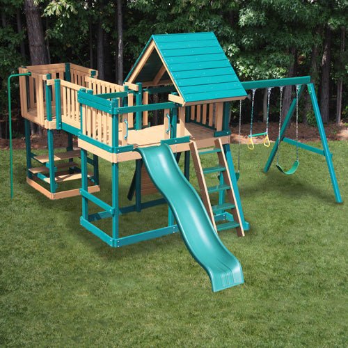 Congo Monkey Play Set Package #5 Green and Cedar - shown with optional wood roof. Tarp roof is standard.