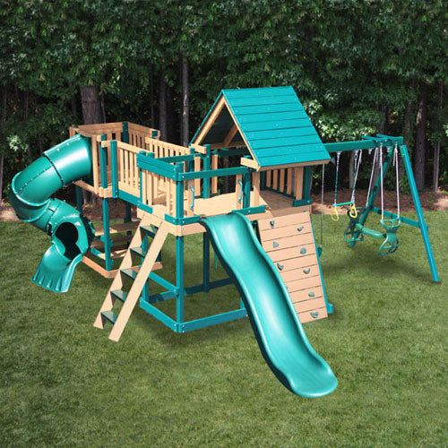 Congo Monkey Play Set Package #5 Green and Cedar - shown with optional Turbo Slide, Back-To-Back Glider, wood roof and Rave Slide upgrade